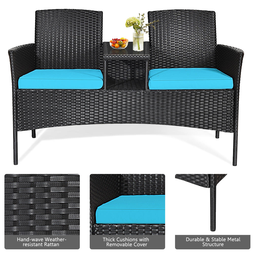 Gymax Rattan Wicker Patio Conversation Set w/ Table Turquoise Cushion