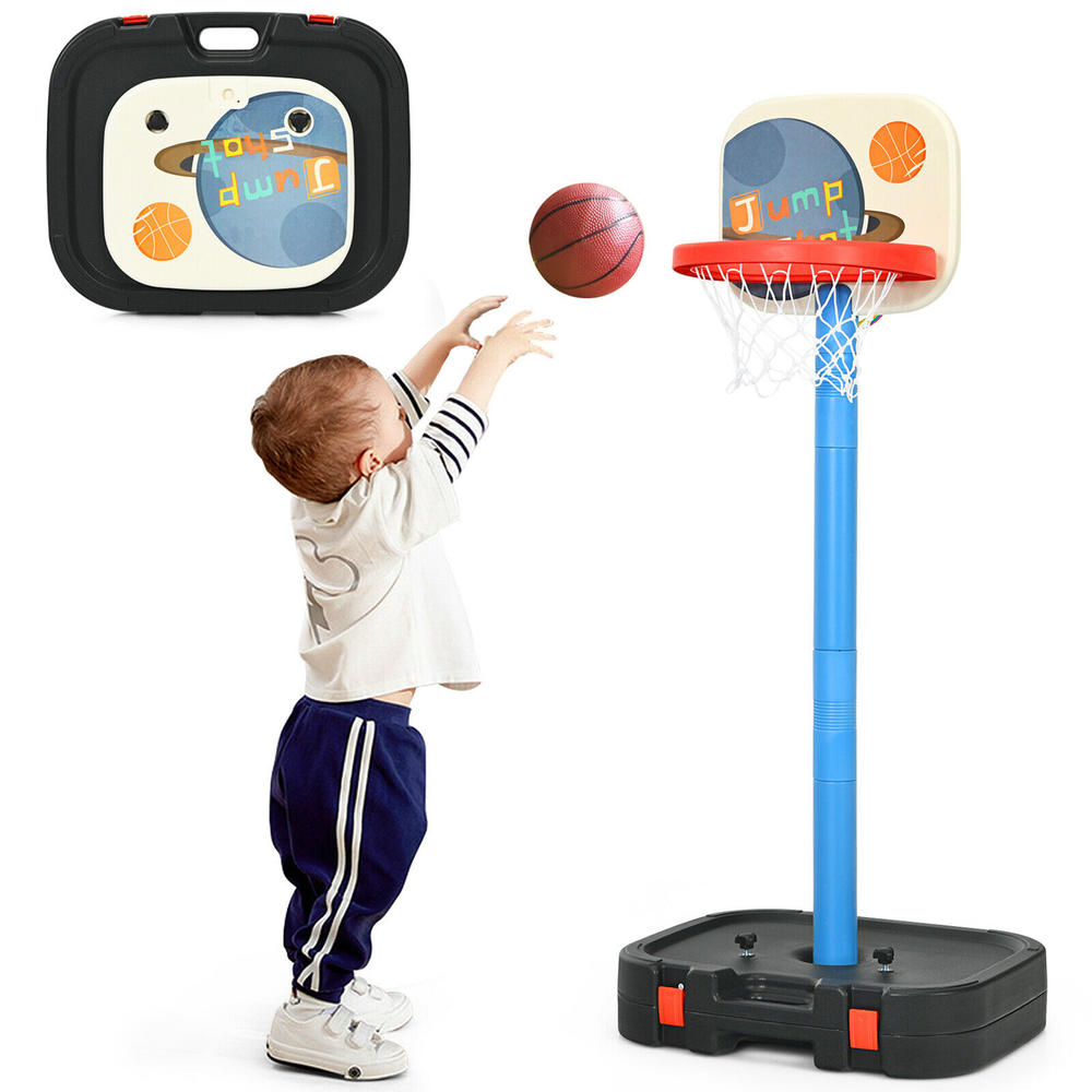 Gymax Portable 2 in 1 Kids Basketball Hoop Stand w/ Ring Toss & Storage Box Black