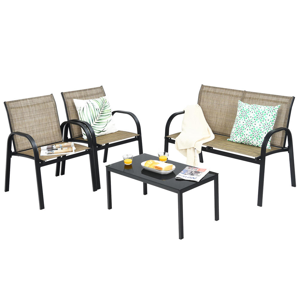 Gymax 4PCS Patio Conversation Furniture Set All-Weather Garden Outdoor Brown