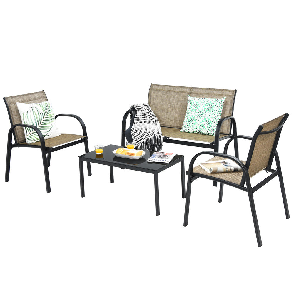 Gymax 4PCS Patio Conversation Furniture Set All-Weather Garden Outdoor Brown