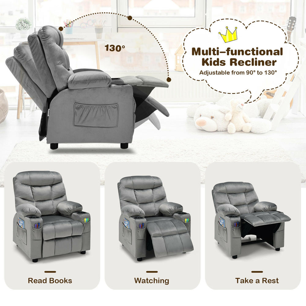 Gymax Kids Youth Recliner Chair Velvet Fabric w/Cup Holder & Side Pocket Grey