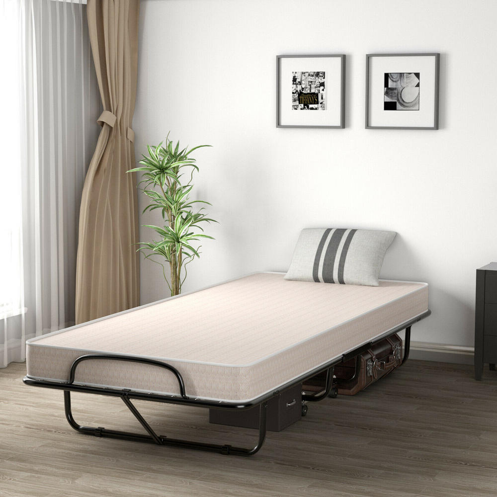Gymax Folding Bed with Mattress Portable Rollaway Guest Cot Memory Foam Beige