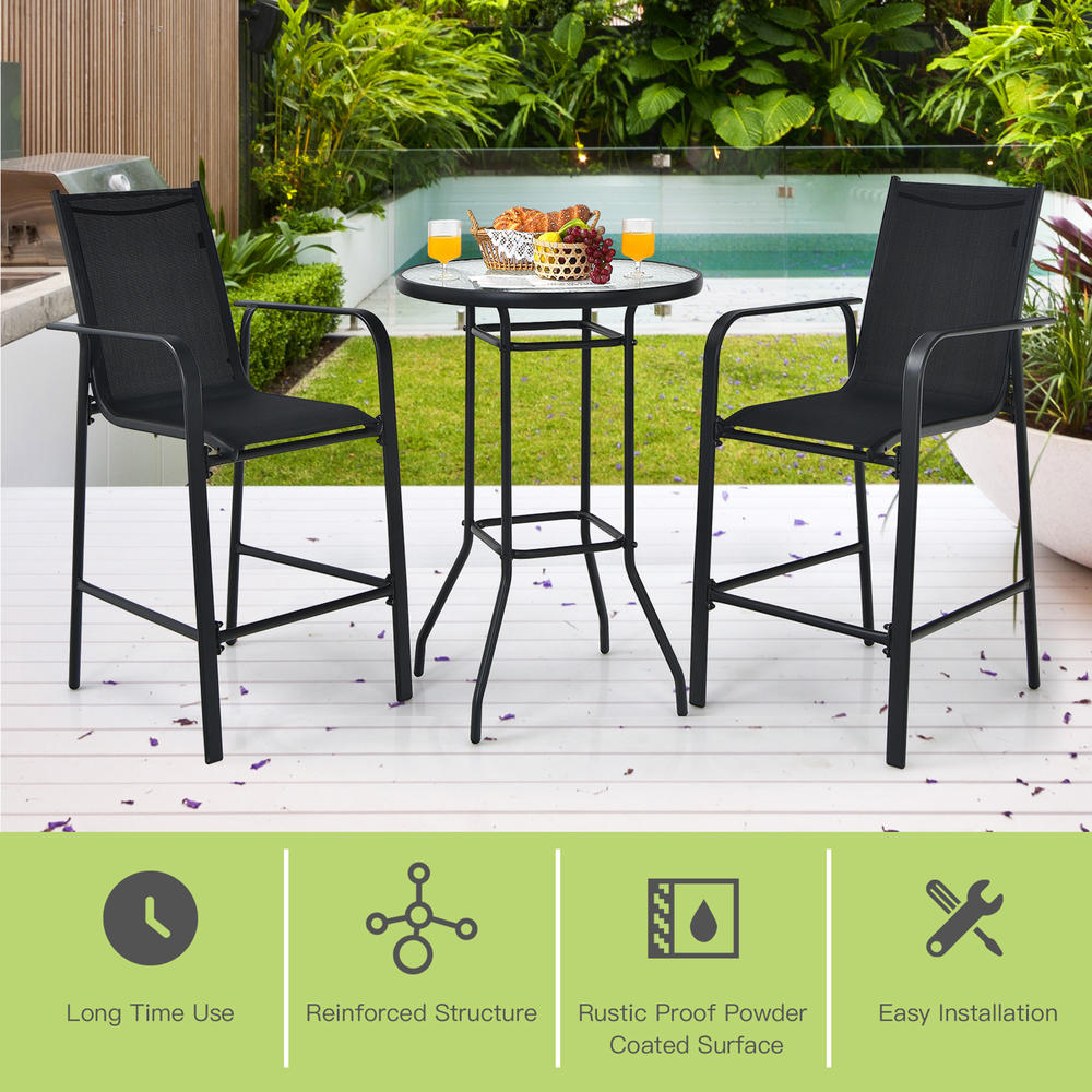 Gymax 3PCS Patio Bar Set Outdoor Bistro Set w/ 2 Stools & 1 Tempered Glass Table