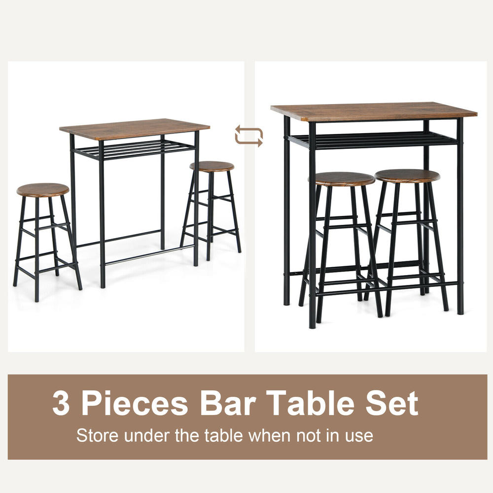Gymax 3 Pieces Bar Table Set Counter Height Dining Pub Table w/ 2 Stools Teak
