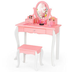 Gymax Kids Vanity Princess Makeup Dressing Table Stool Set W/ Mirror Drawer Pink