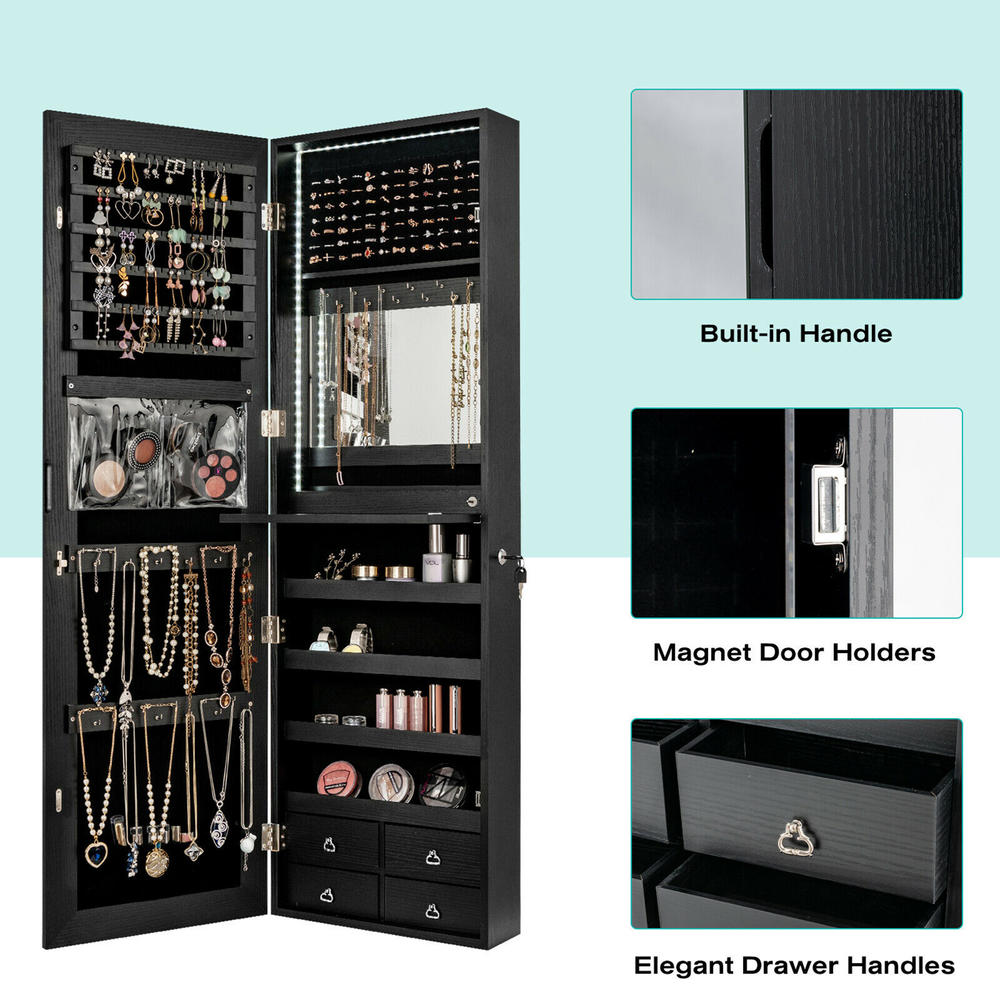 Gymax Mirror Jewelry Cabinet 96 LED Lights Wall Door Mounted Armoire w/ Makeup Rack Black