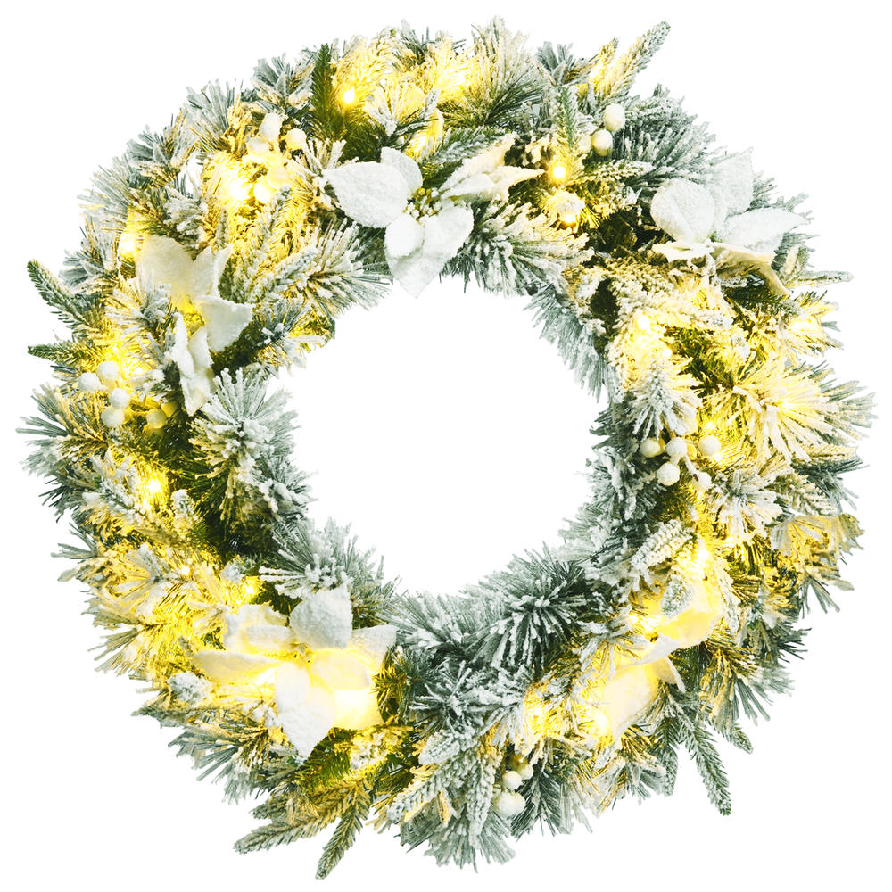 Gymax 24'' Artificial Pre-Lit Snow Flocked Christmas Wreath w/ LED Lights & Timer