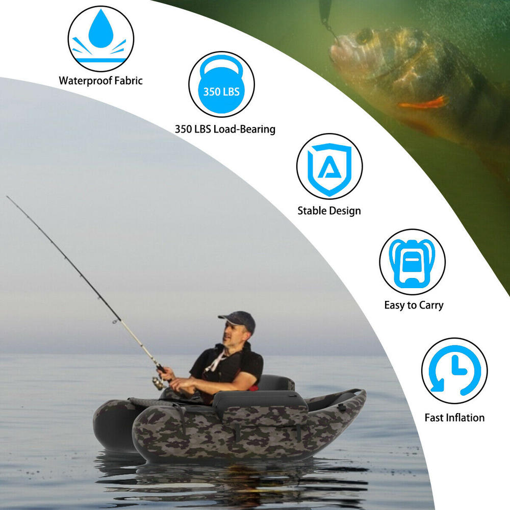 Gymax Inflatable Fishing Float Tube 600D Polyester Fabric w/Adjustable Straps & Storage Pockets & Fish Ruler
