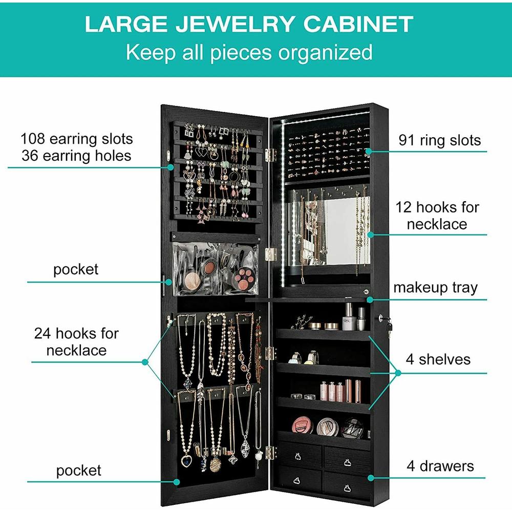 Gymax Mirror Jewelry Cabinet 96 LED Lights Wall Door Mounted Armoire w/ Makeup Rack Black
