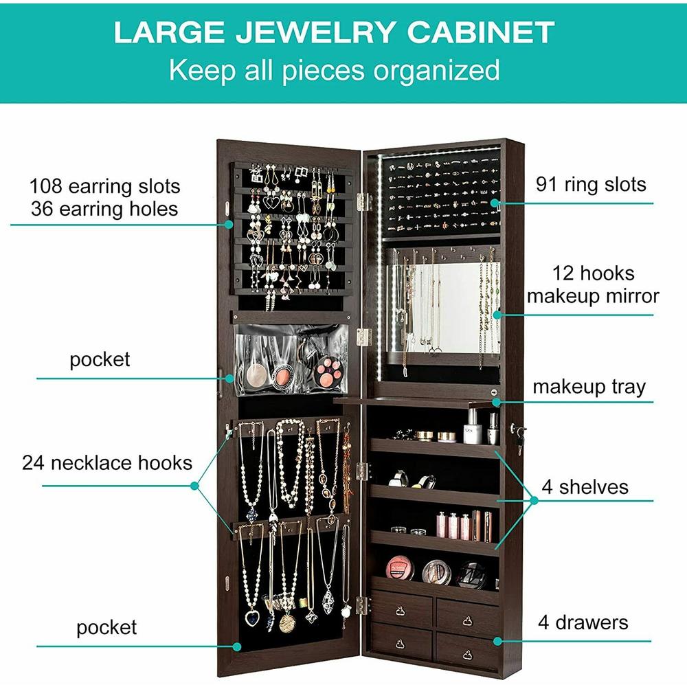 Gymax Mirror Jewelry Cabinet 96 LED Lights Wall Door Mounted Armoire w/ Makeup Rack Brown