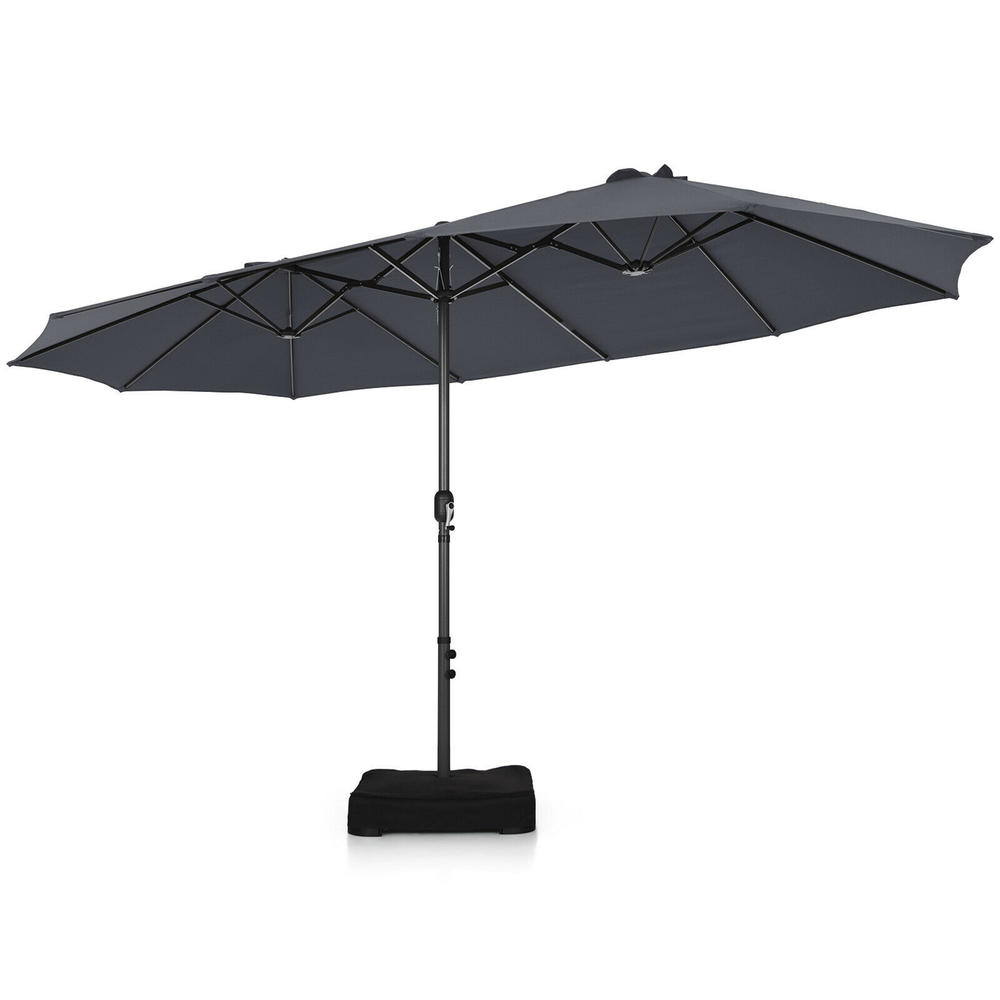 Gymax 15 ft Double-Sided Patio Umbrella Market Twin Umbrella w/ Enhanced Base Grey