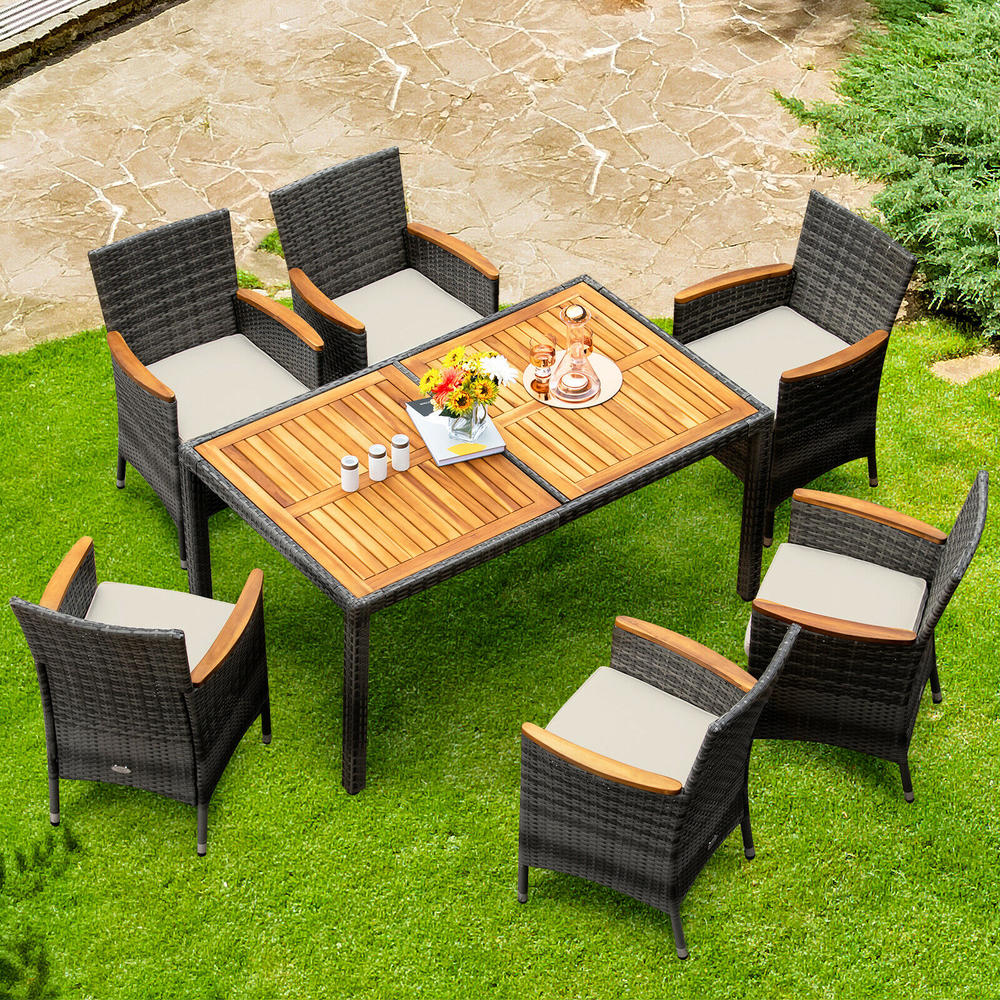 Gymax 7PCS Outdoor Dining Set Patio Acacia Wood and Rattan Furniture Set w/ Cushions