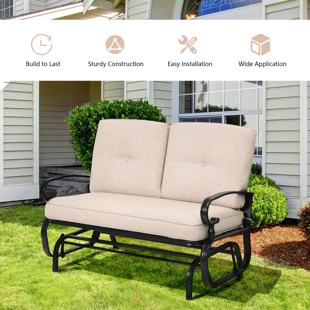 Gymax Patio Swing Glider Chair Rocking Loveseat Bench for 2 Persons w/ Beige Cushions