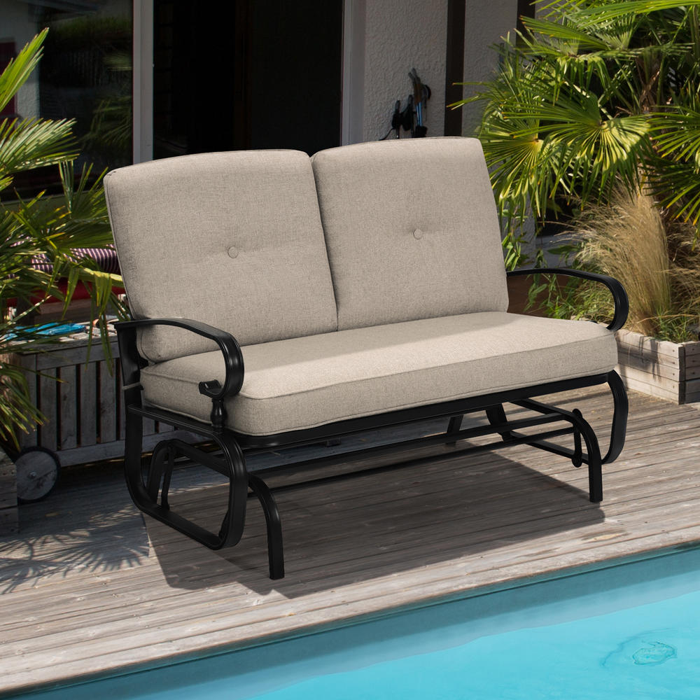 Gymax Patio Swing Glider Chair Rocking Loveseat Bench for 2 Persons w/ Beige Cushions