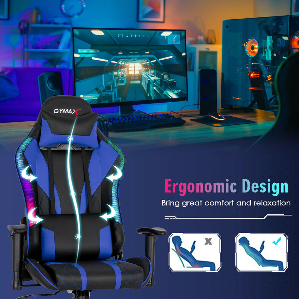 Gymax Gaming Chair Adjustable Swivel Computer Chair w/ Dynamic LED Lights Blue