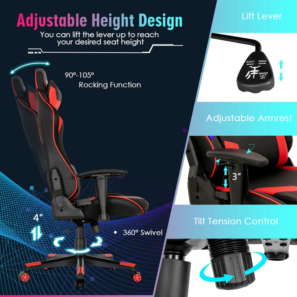 Gymax Gaming Chair Adjustable Swivel Computer Chair w/ Dynamic LED Lights Red