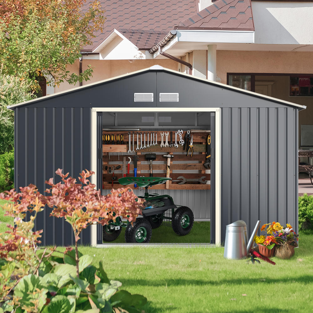 Gymax 11' x 10' Outdoor Tool Storage Shed Large Utility Storage House w/ Sliding Door