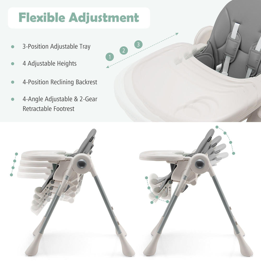 Gymax Baby High Chair Folding Baby Dining Chair w/ Adjustable Height & Footrest Gray