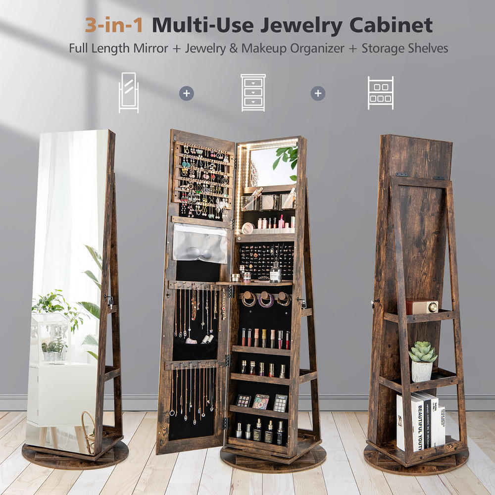 Gymax 360°Rotating Mirrored Jewelry Cabinet w/ High Mirror & Storage Shelves Coffee