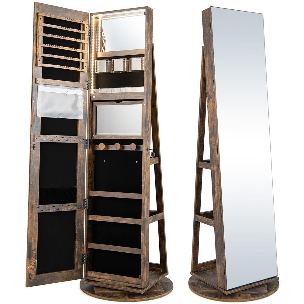 Gymax 360°Rotating Mirrored Jewelry Cabinet w/ High Mirror & Storage Shelves Coffee