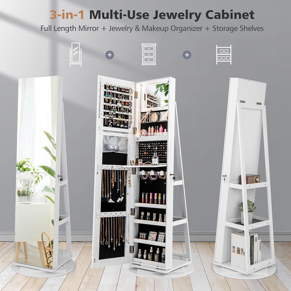 Gymax 360°Rotating Mirrored Jewelry Cabinet w/ High Mirror & Storage Shelves White