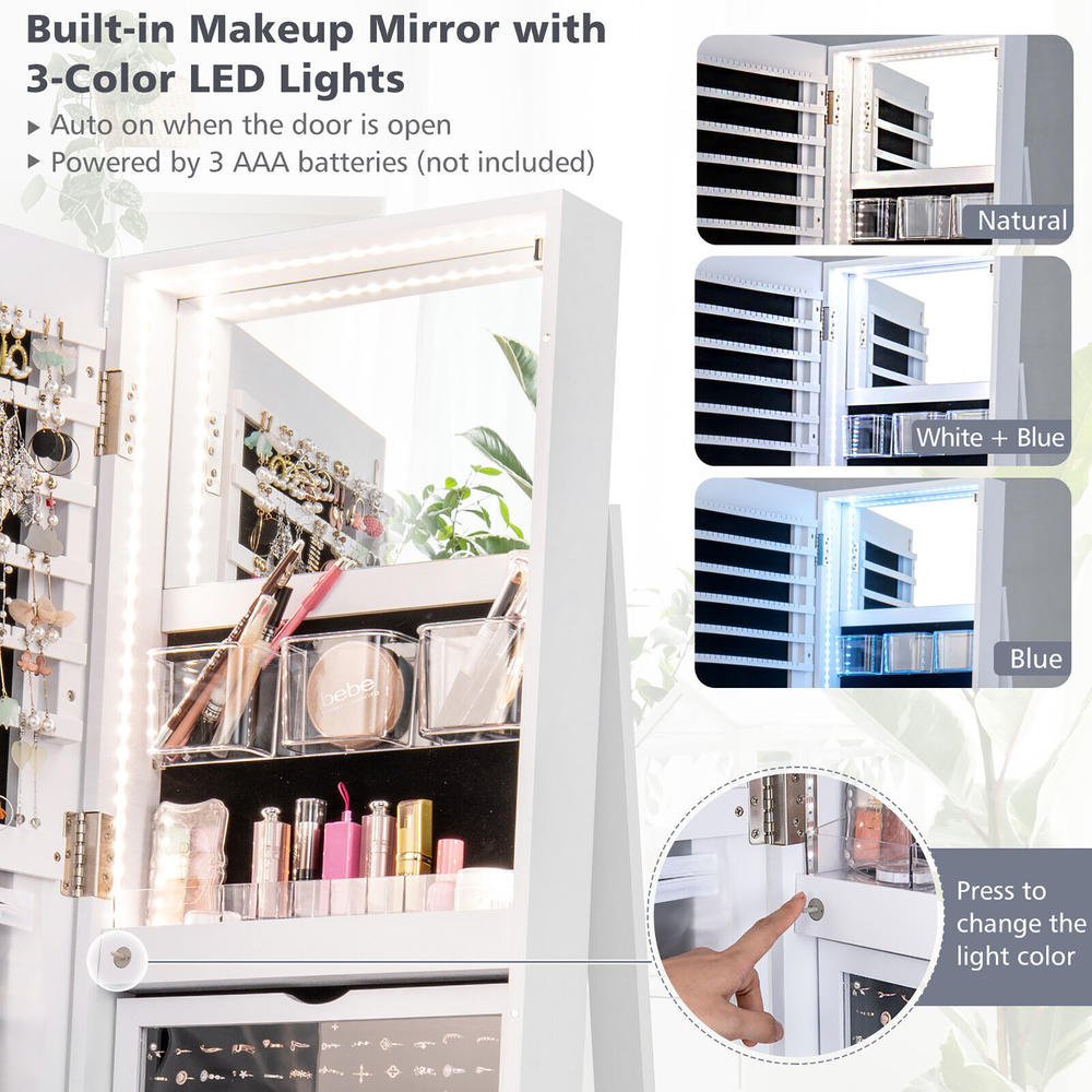 Gymax 360°Rotating Mirrored Jewelry Cabinet w/ High Mirror & Storage Shelves White