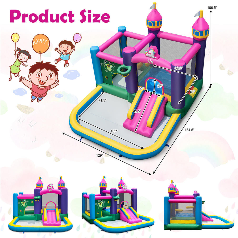 Gymax Inflatable Unicorn-themed Bounce House 6-in-1 Kids Bounce Castle w/ 735W Blower