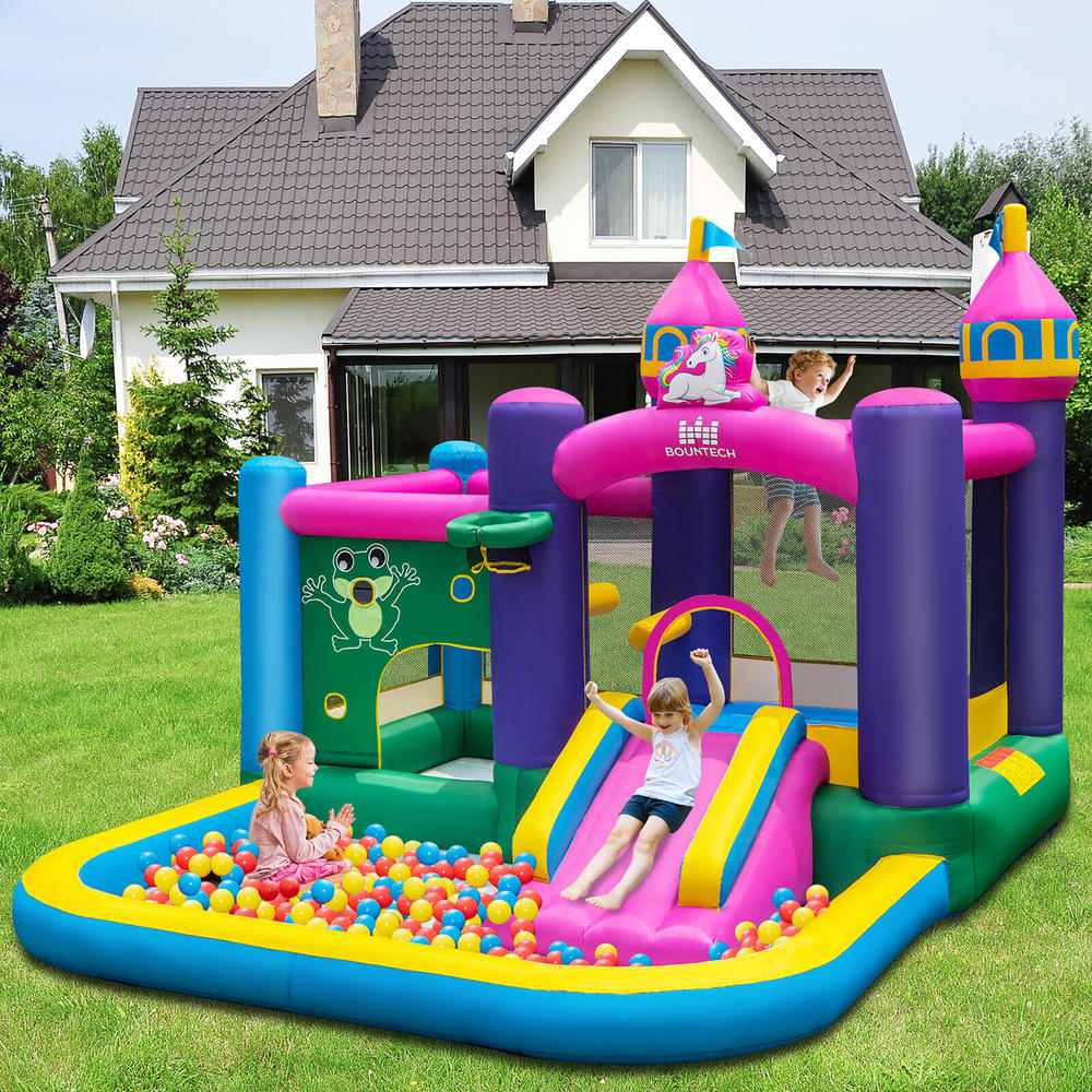 Gymax Inflatable Unicorn-themed Bounce House 6-in-1 Kids Bounce Castle w/ 735W Blower