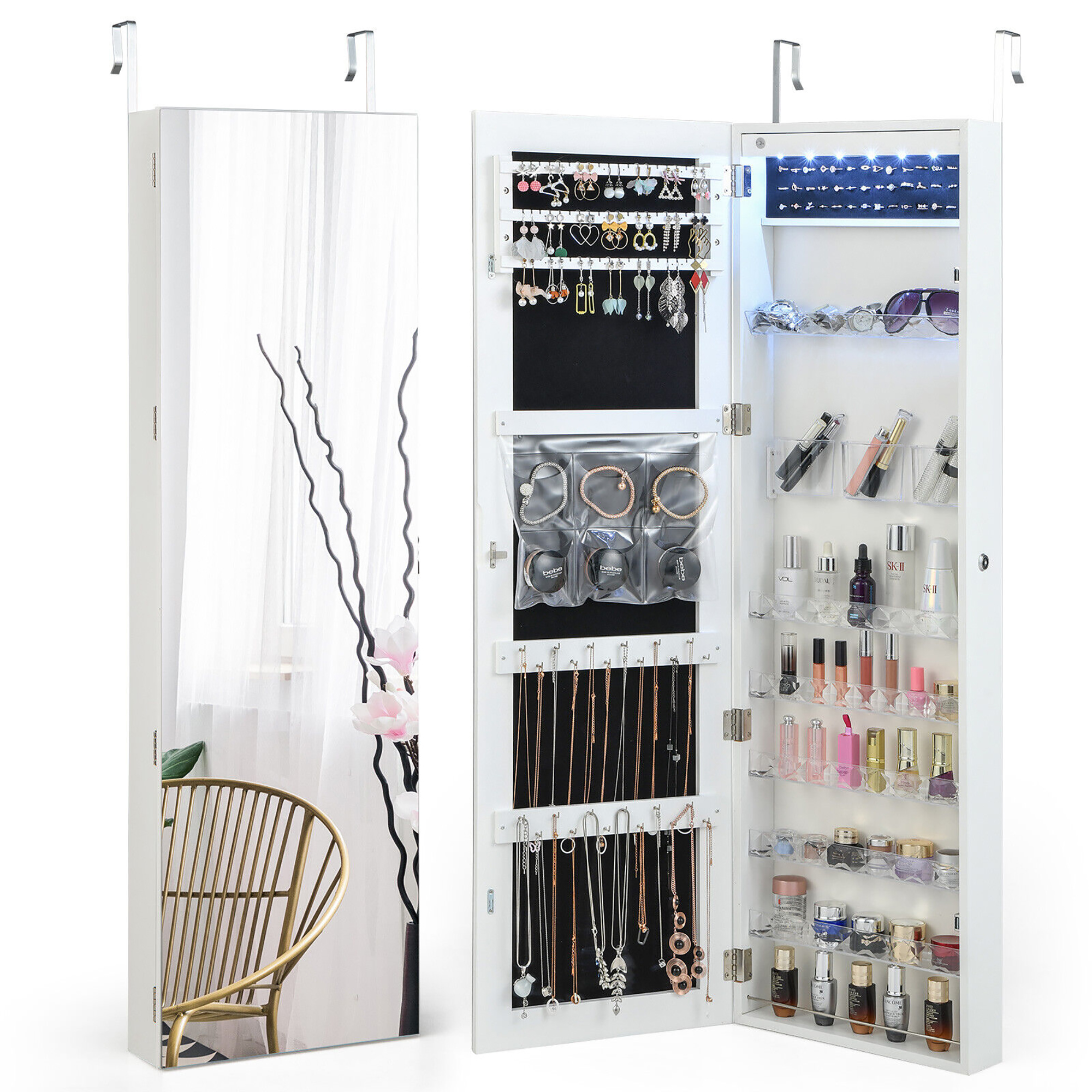 Gymax Wall Door Mounted Jewelry Cabinet Armoire Full Length Frameless LED Mirror White