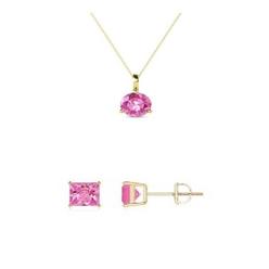 PJ Jewelry BJ Jewelry 18K Yellow Gold 1ct Pink sapphire Round 18 Inch Necklace and Square Earrings Set Plated