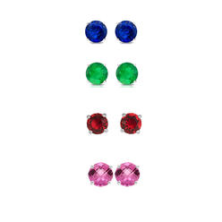 PJ Jewelry BJ Jewelry 18k White Gold Plated 1/2Ct Created Blue Sapphire, Emerald, Ruby and Pink Sapphire 4 Pair Round Stud Earrings