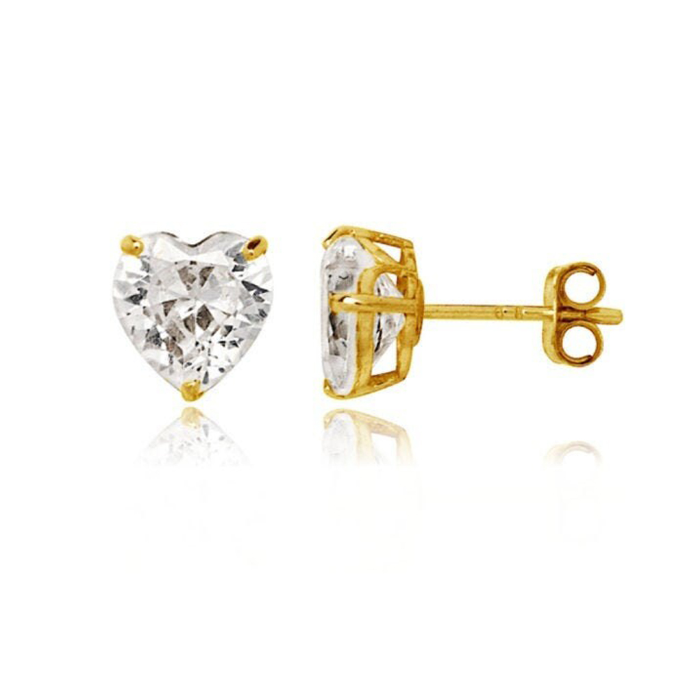 Bonjour Jewelrs 14k Yellow Gold Push Back Heart Created White Sapphire Stud Earrings 4MM