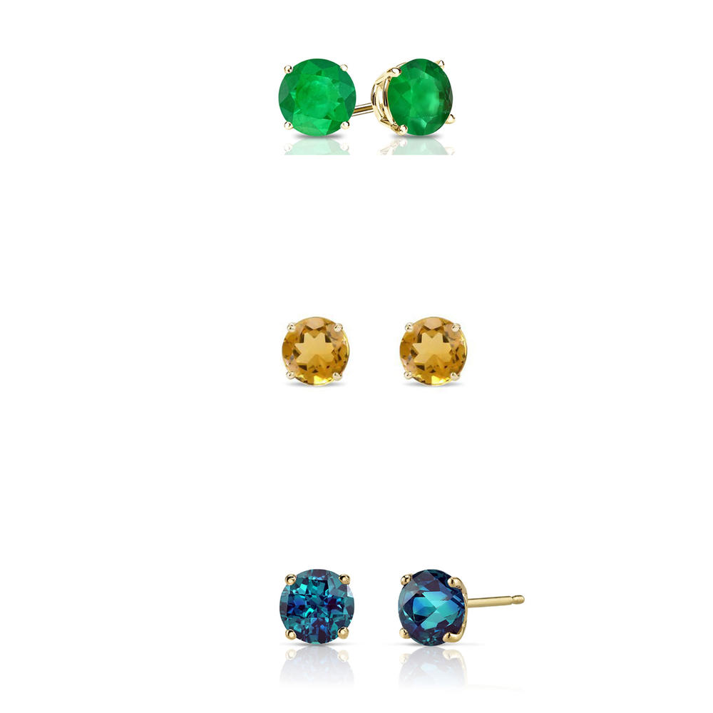 Paris Jewelry 18k Yellow Gold Plated 4Ct Created Emerald, Citrine and Alexandrite 3 Pair Round Stud Earrings