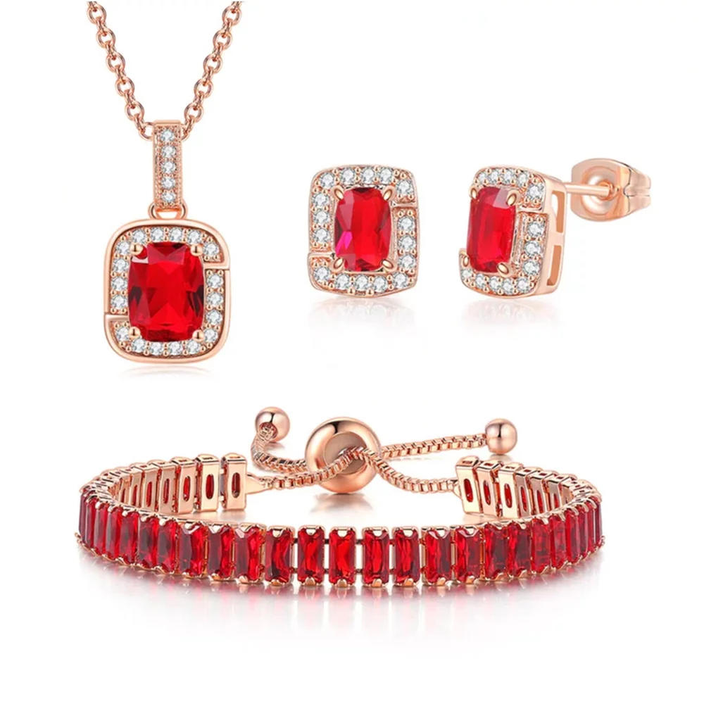 Paris Jewelry 18K Rose Gold Created Ruby Princess Halo Pendant Necklace, Earrings and Tennis Bracelet Jewelry Set Plated By Paris Jewelry