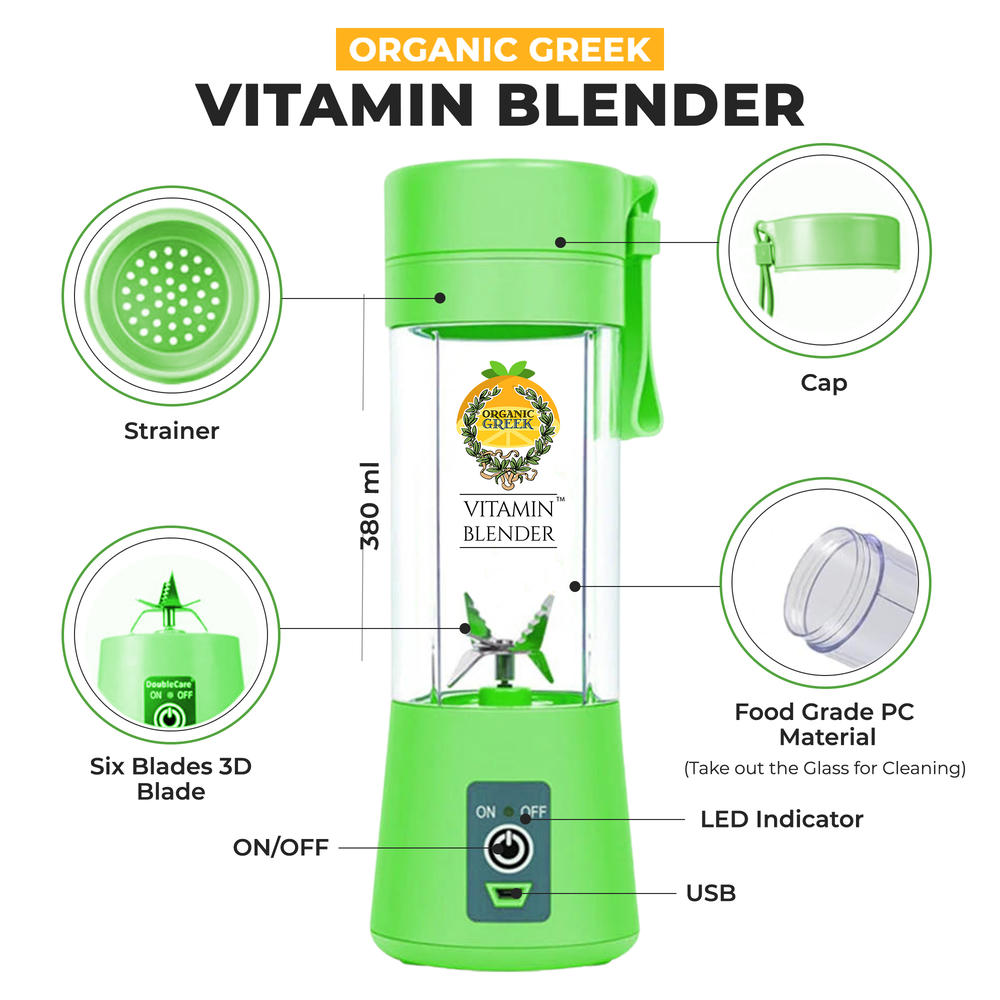 Paris Jewelry Organic Greek Vitamin Blender Portable Blender And Juicer With USB Charger, Six Blades Bright Green Color By Paris Jewelry
