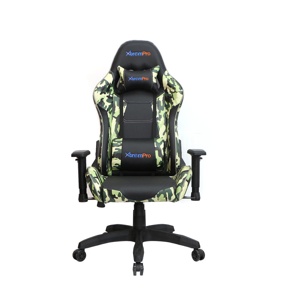 Xtrempro Gaming Chair Camouflage Camo Print Neck and Lumbar Support Adjust 4D Armrest Tilt Lock System Class 4 Gas Lift 360° Casters