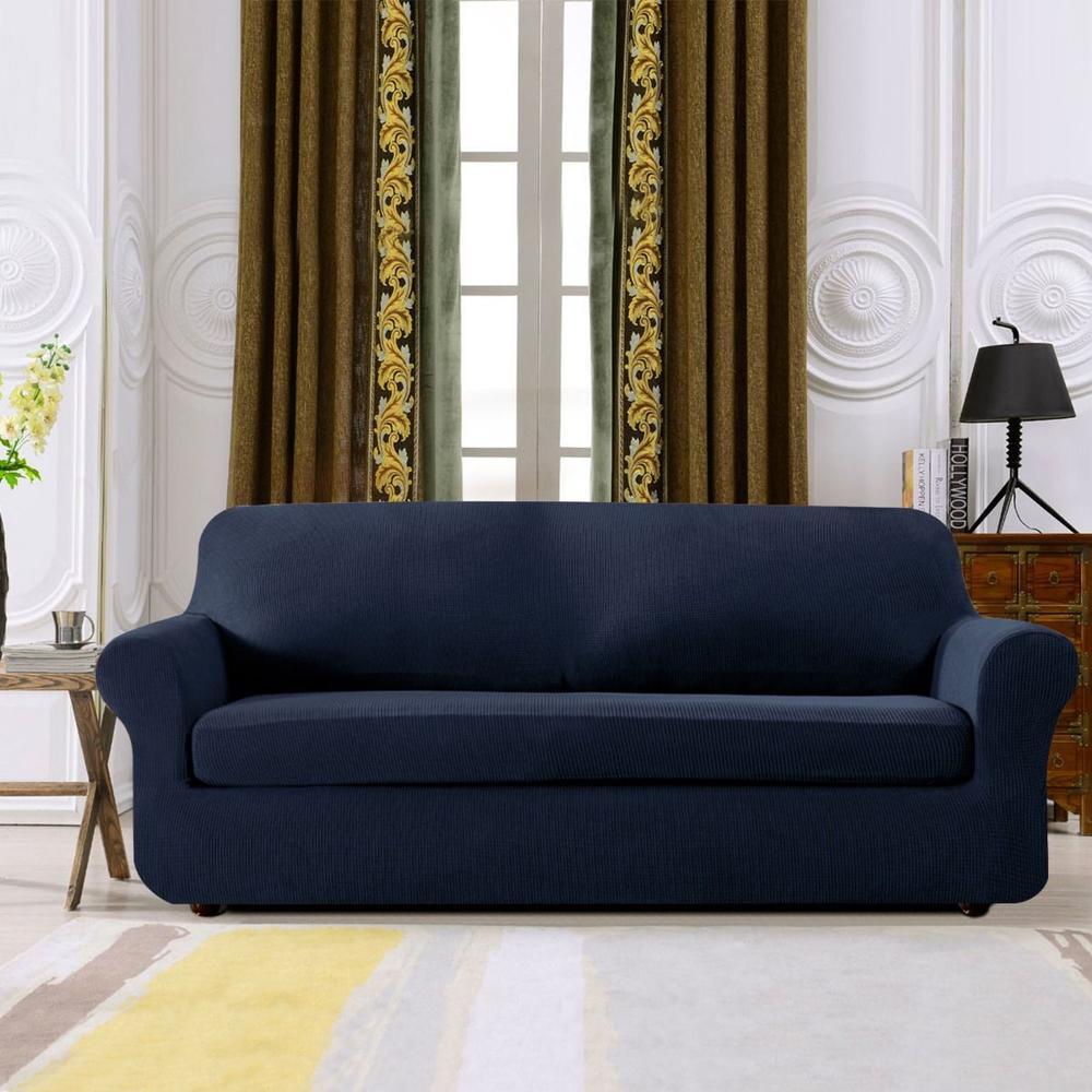 Subrtex 2Piece Plaid Stretch Sofa Slipcovers (Navy,Sofa)