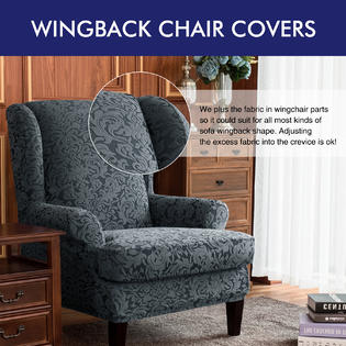 Subrtex 2 Pieces Damask Spandex Elastic Arm Chairs Wingback Chair Cover Waffle Wing Back Furniture Protector Stretch Sofa Slipcovers