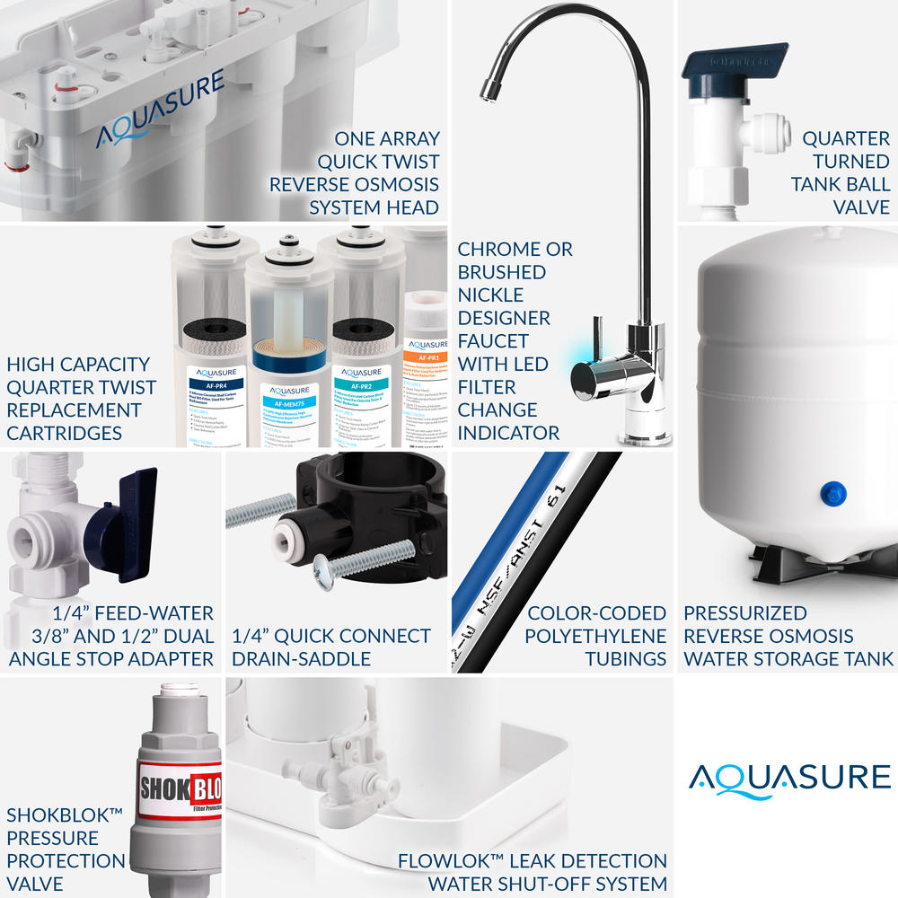 Aquasure Premier PRO Reverse Osmosis Drinking Water Filtration System - 100 GPD w/ LED Indicating Chrome Finished Faucet