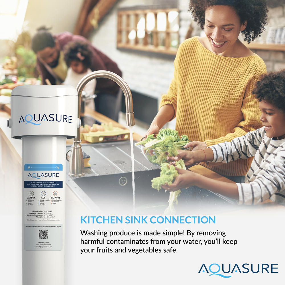 Aquasure Fortitude Compact Under the Sink Replacement Water Filter with Carbon, KDF & Siliphos