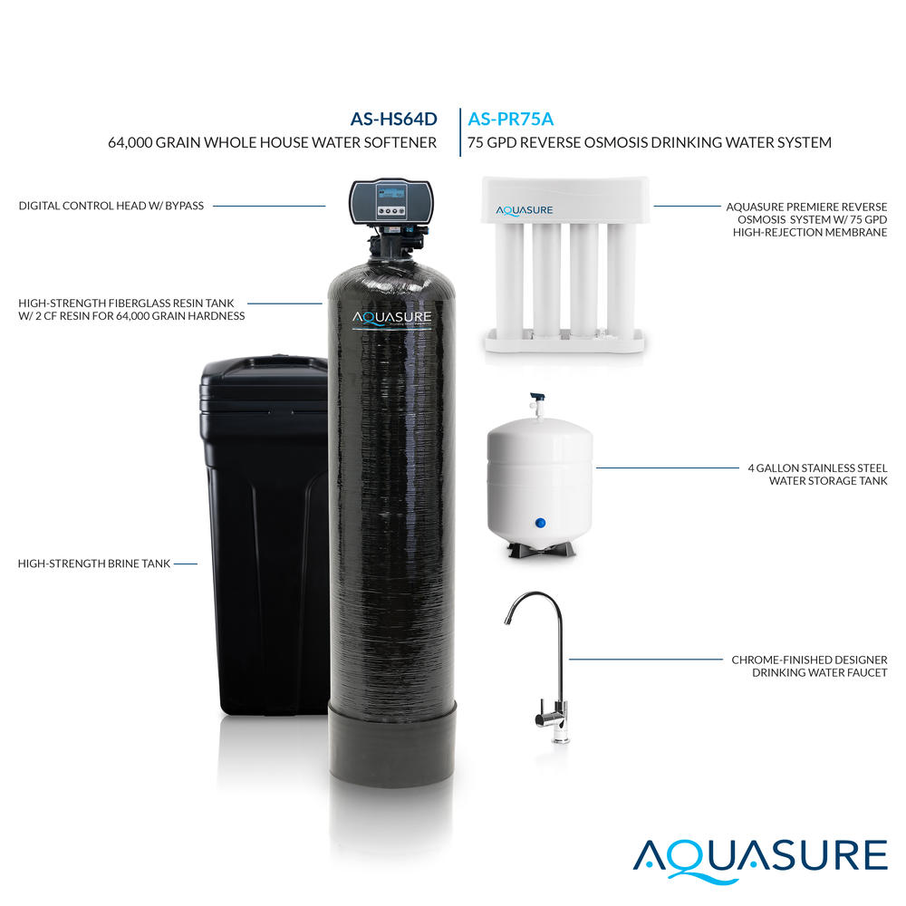 Aquasure Whole House Water Softener/Reverse Osmosis Drinking Water Filter Bundle w/64,000 grain Softener & 75 GPD RO system