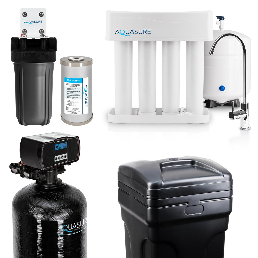 Aquasure Whole House Fine Mesh Resin Water Softener, 75 GPD RO System & Triple Purpose Pre-Filter (64,000 Grains)
