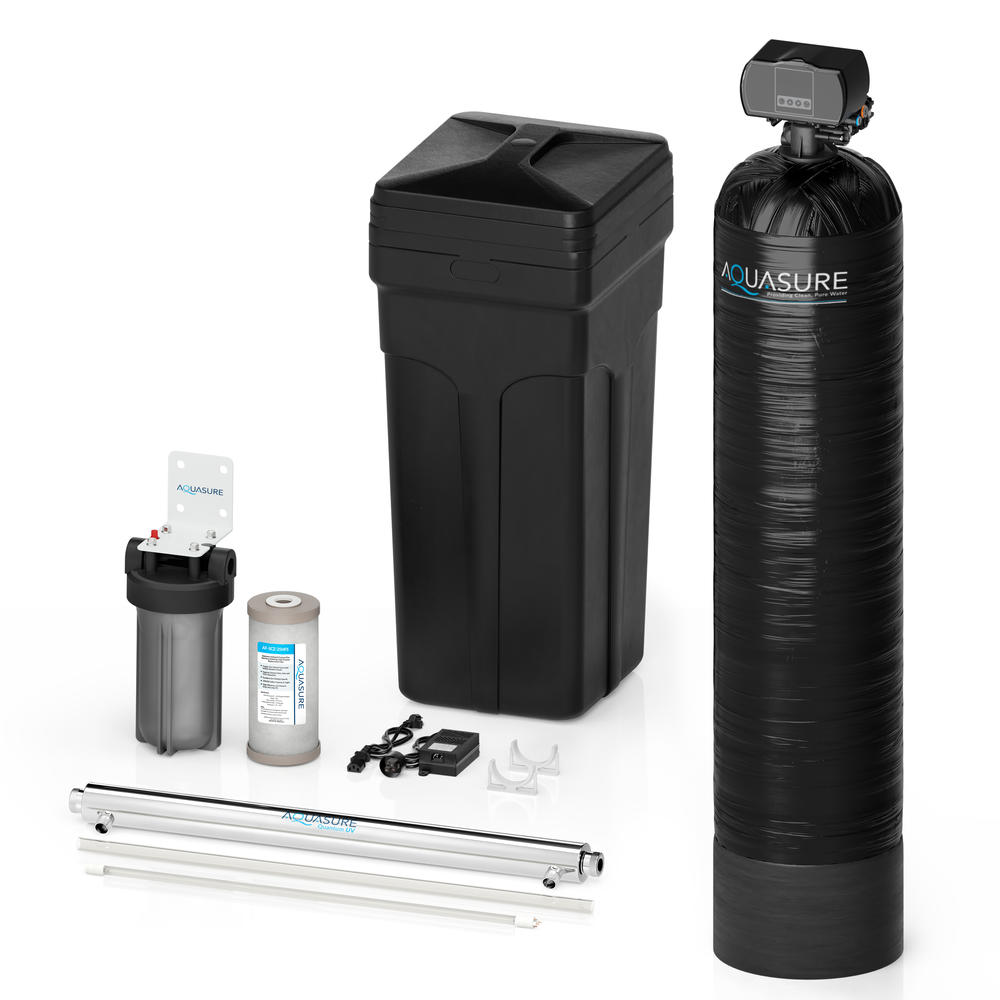 Aquasure 64,000 Grains Water Softener with 12 GPM UV Sterilizer System and Triple Purpose Carbon Pre-Filter, for 4-6+ bathrooms