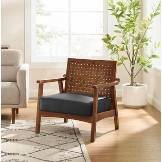 Art Leon Mid Century Modern Faux Leather Accent Lounge Armchair With Woven Rattan Bamboo Back And Pillow For Living Room Bedroom