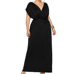 Zara Beez Women Plus Tremendous V-Neck Solid Colored Long Length Smooth Breathable Fashion Dress