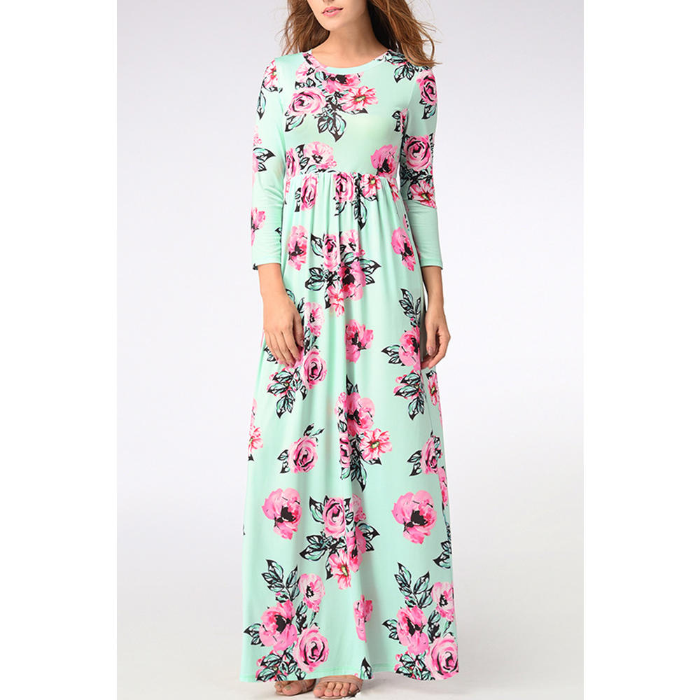 Zara Beez Women Thin Long Sleeve Long Length Pretty Floral Pattern Easy Round Neck Relax Fit Lightweight Summer Dress