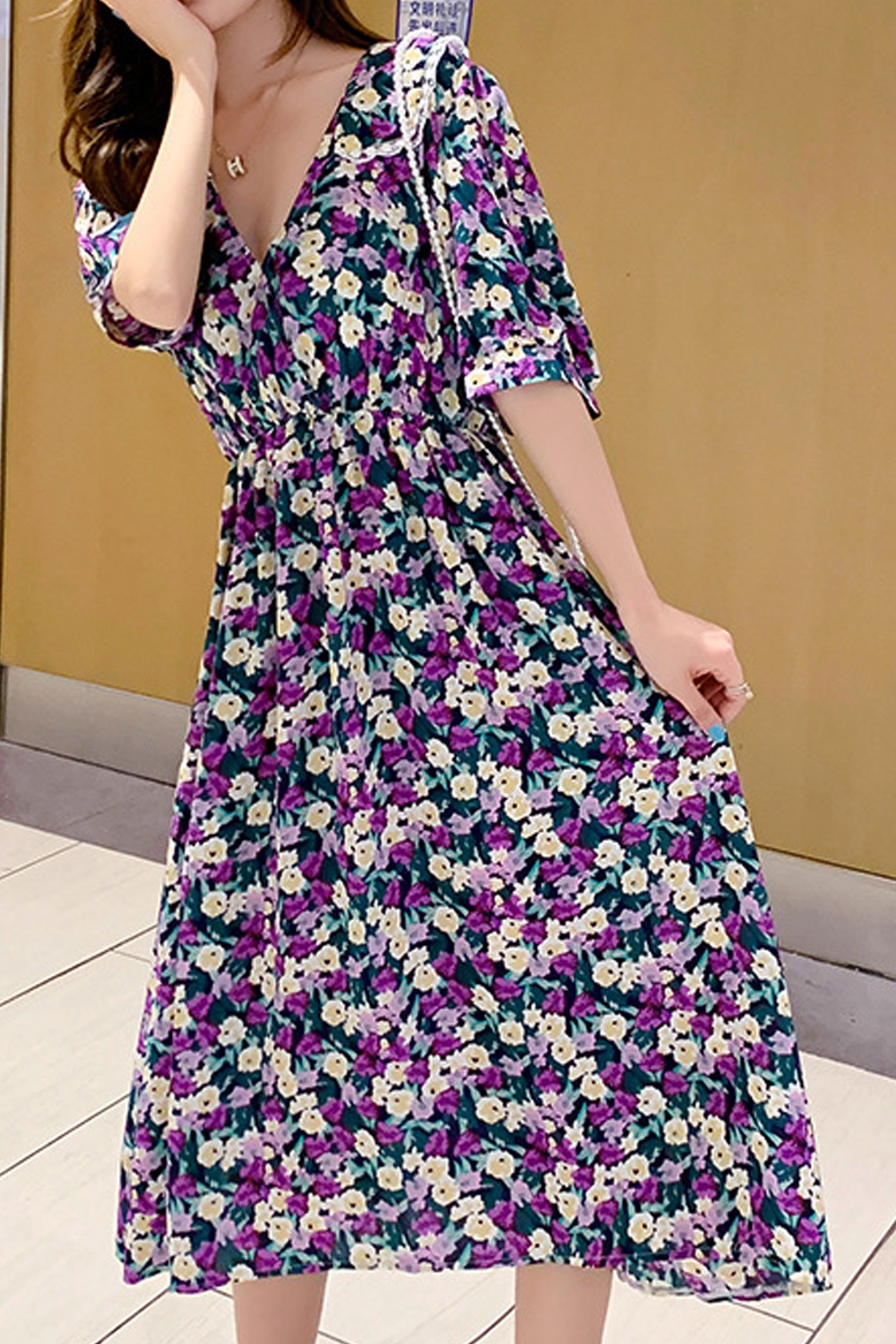 Petite ZaraBeez Women Beautiful Floral Pattern Restful V-Neck Mid-Length Summer Short Sleeve Casual Dress, Purple