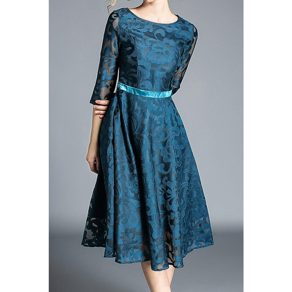 ZaraBeez Women Beautiful Lace Pattern Easy Round Neck Short Sleeve Mid-Length Summer Weekend Dress