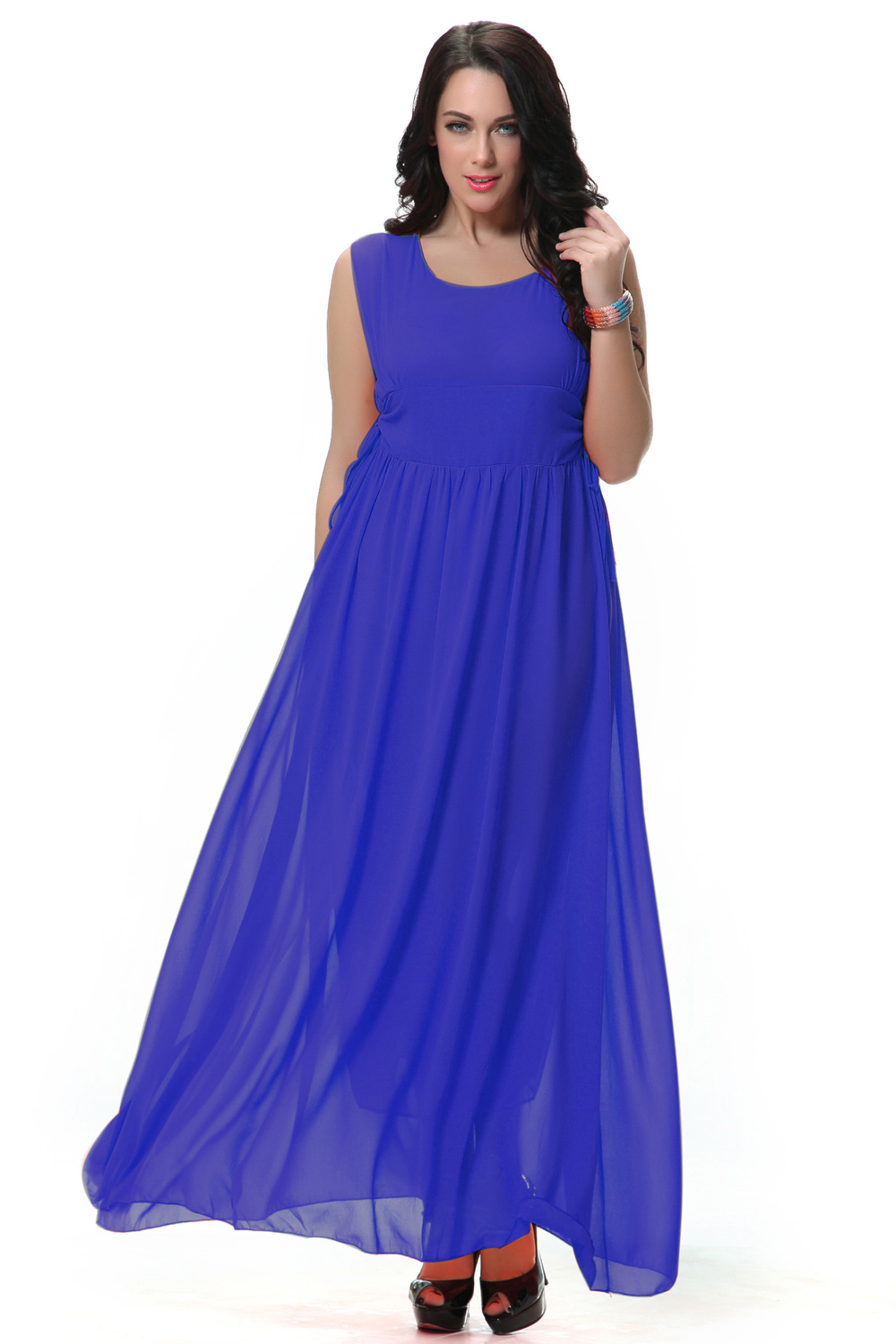 Zara Beez Women's Round Neck Pleated Long Gown Prom Night Dress Blue