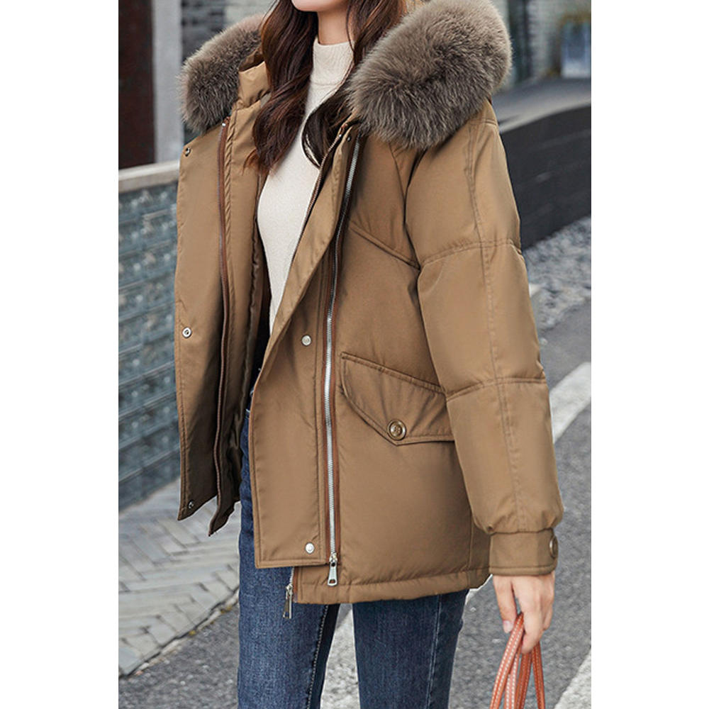 Zara Beez Women Splendid Solid Colored Zipper Closure Cozy Long Sleeve Winter Fur Hat Neck Winter Casual Padded Jacket